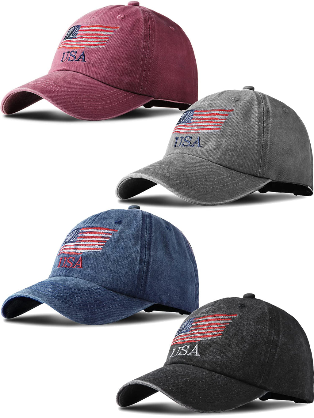 USA Flag Baseball Cap 4-Pack – Patriotic Adjustable Cotton Hats