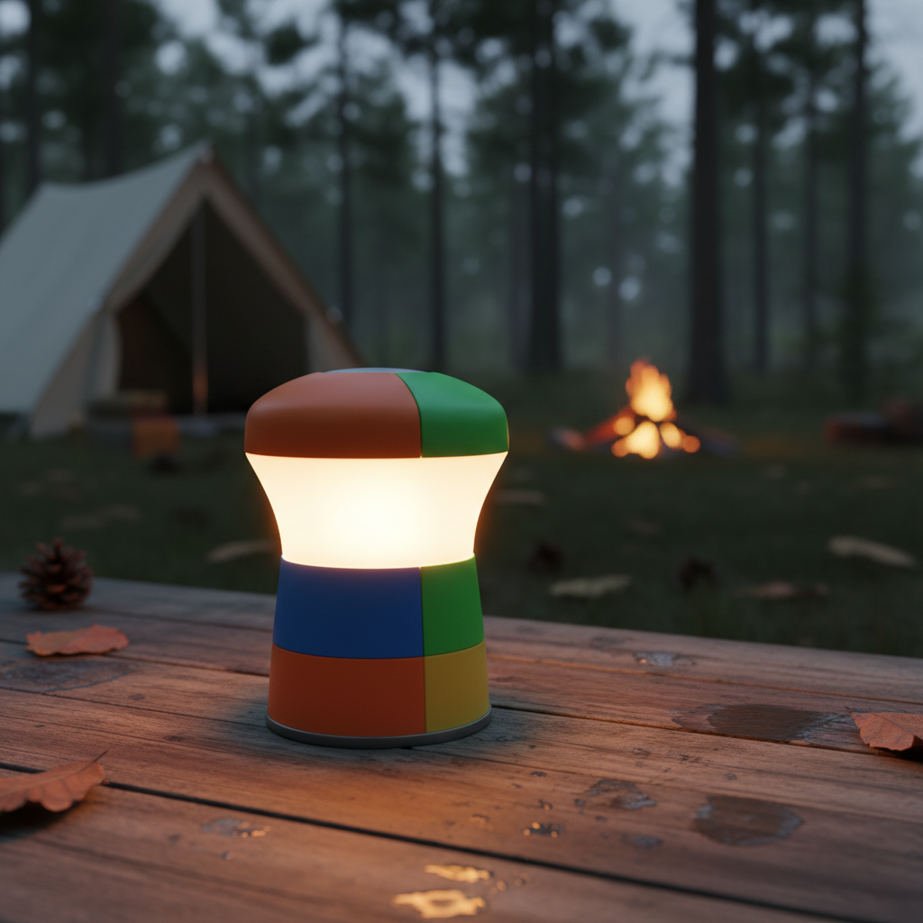 7-Color Rechargeable Camping Lantern glowing with warm light at campsite